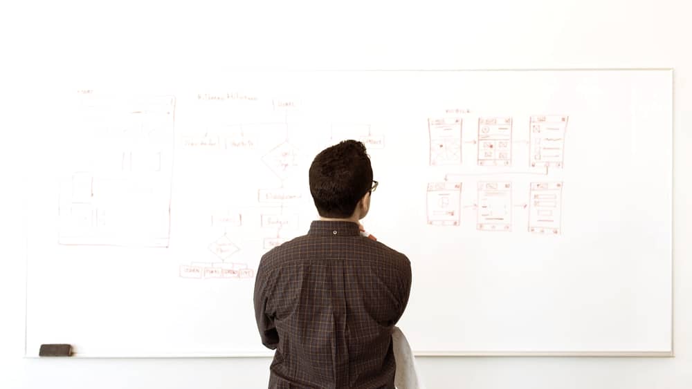 Man planning UX design concepts at a whiteboard in an office