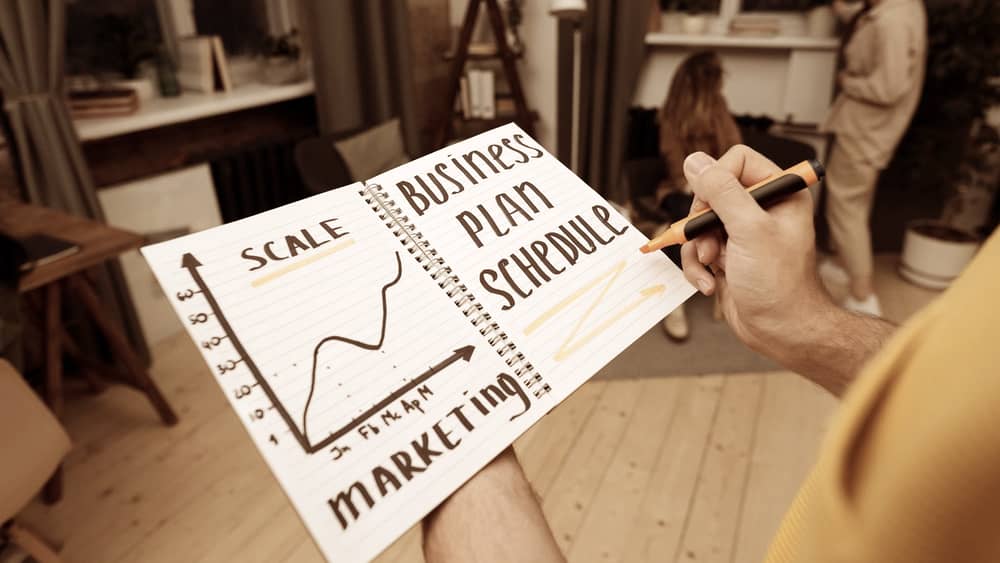Notebook with planning details and a business strategy graph
