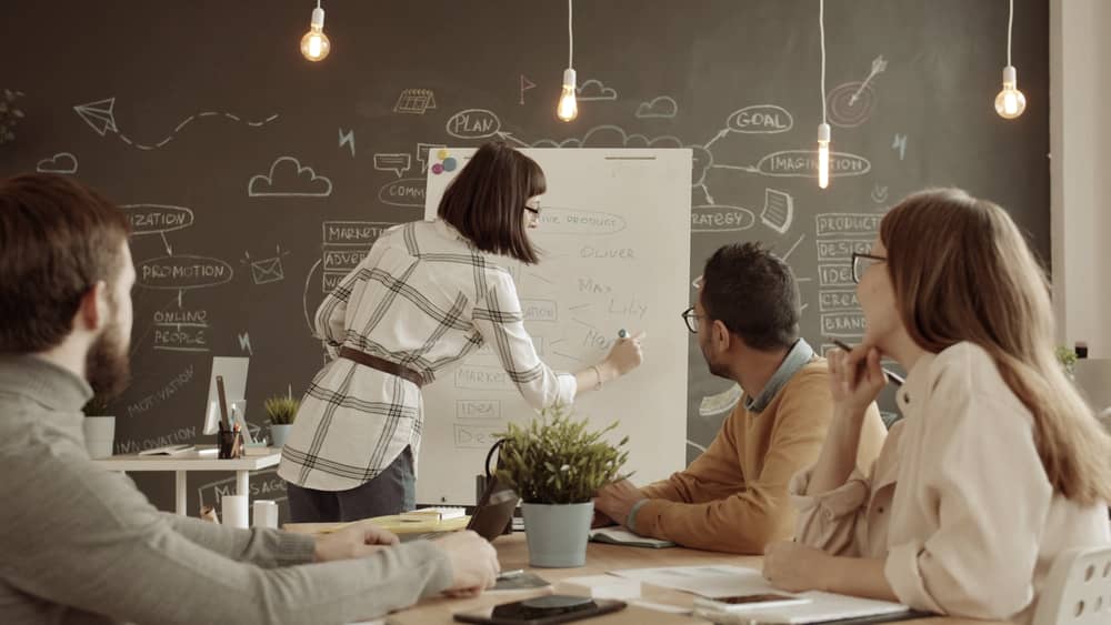 Team brainstorming session in a modern office