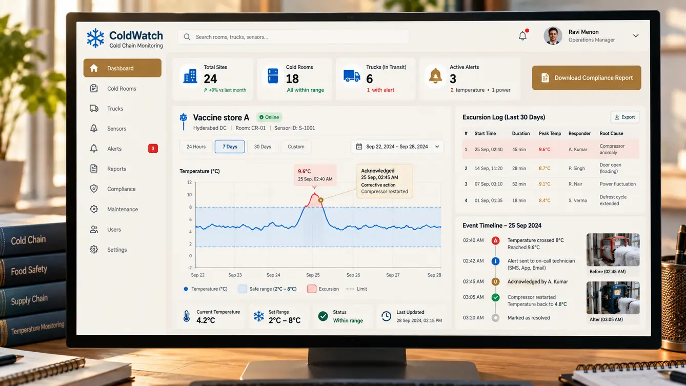 ColdWatch compliance report with excursion record
