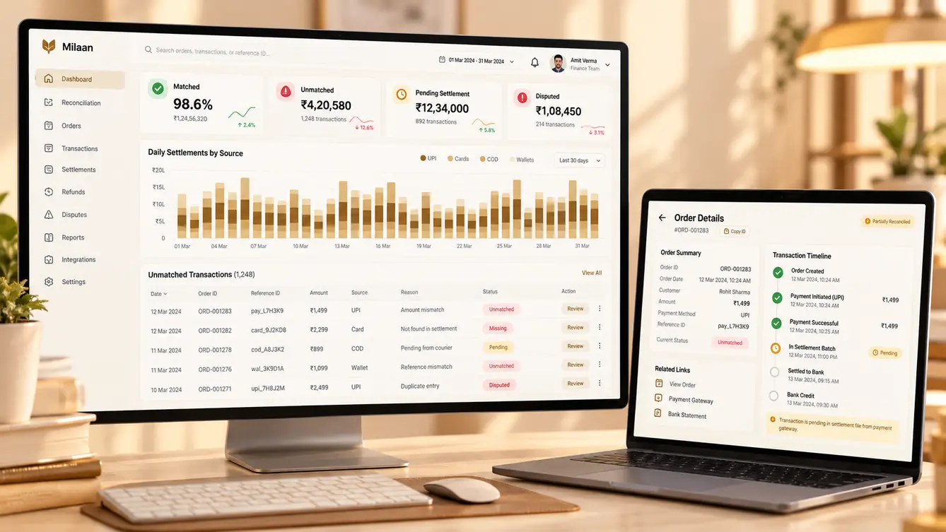 Milaan reconciliation dashboard showing matched and unmatched payments