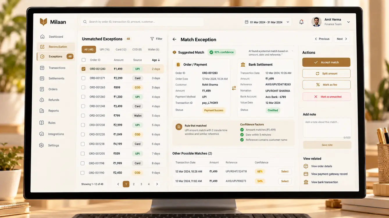 Milaan exceptions inbox with suggested matches