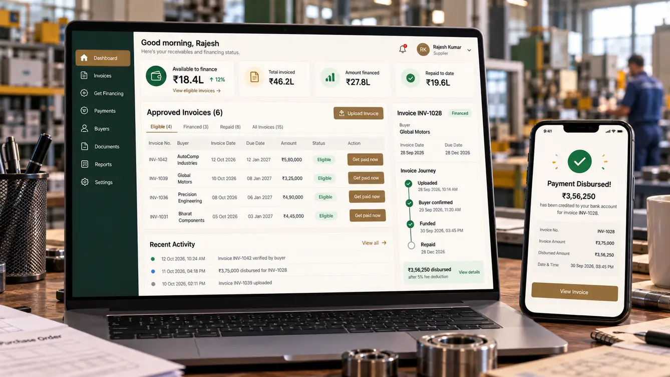 Receivo supplier dashboard with financed invoices