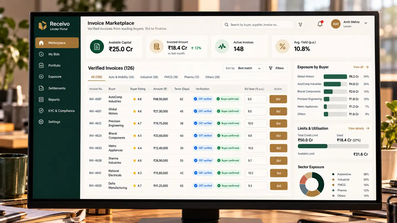 Receivo lender console with invoice bids