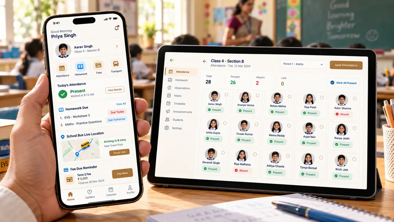 Shishya parent app and teacher attendance screen