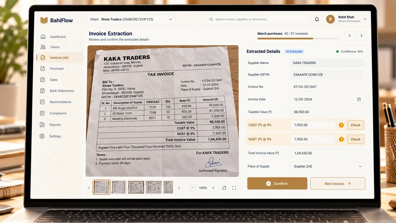 BahiFlow invoice extraction review screen