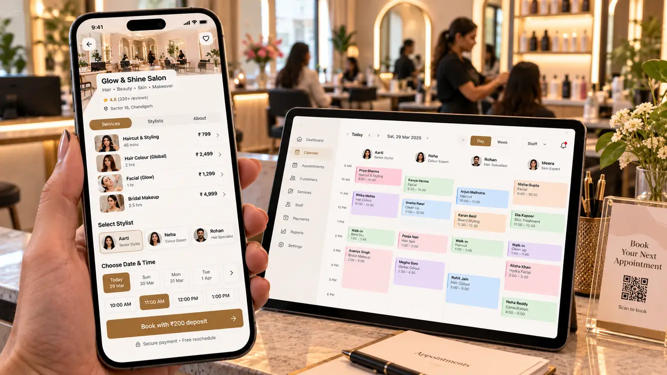 BookBay salon booking page and owner calendar