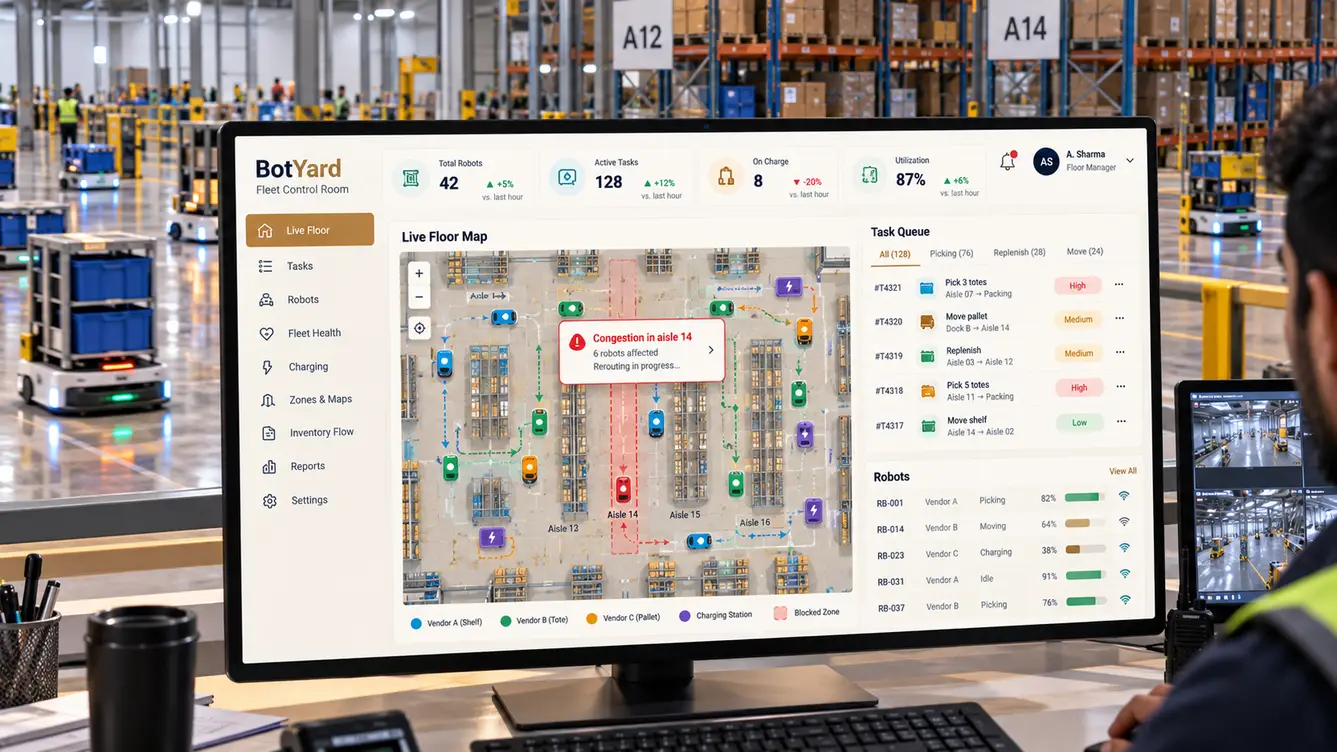 BotYard fleet control room with live warehouse map