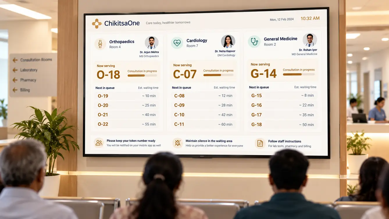 ChikitsaOne live queue display in a waiting area