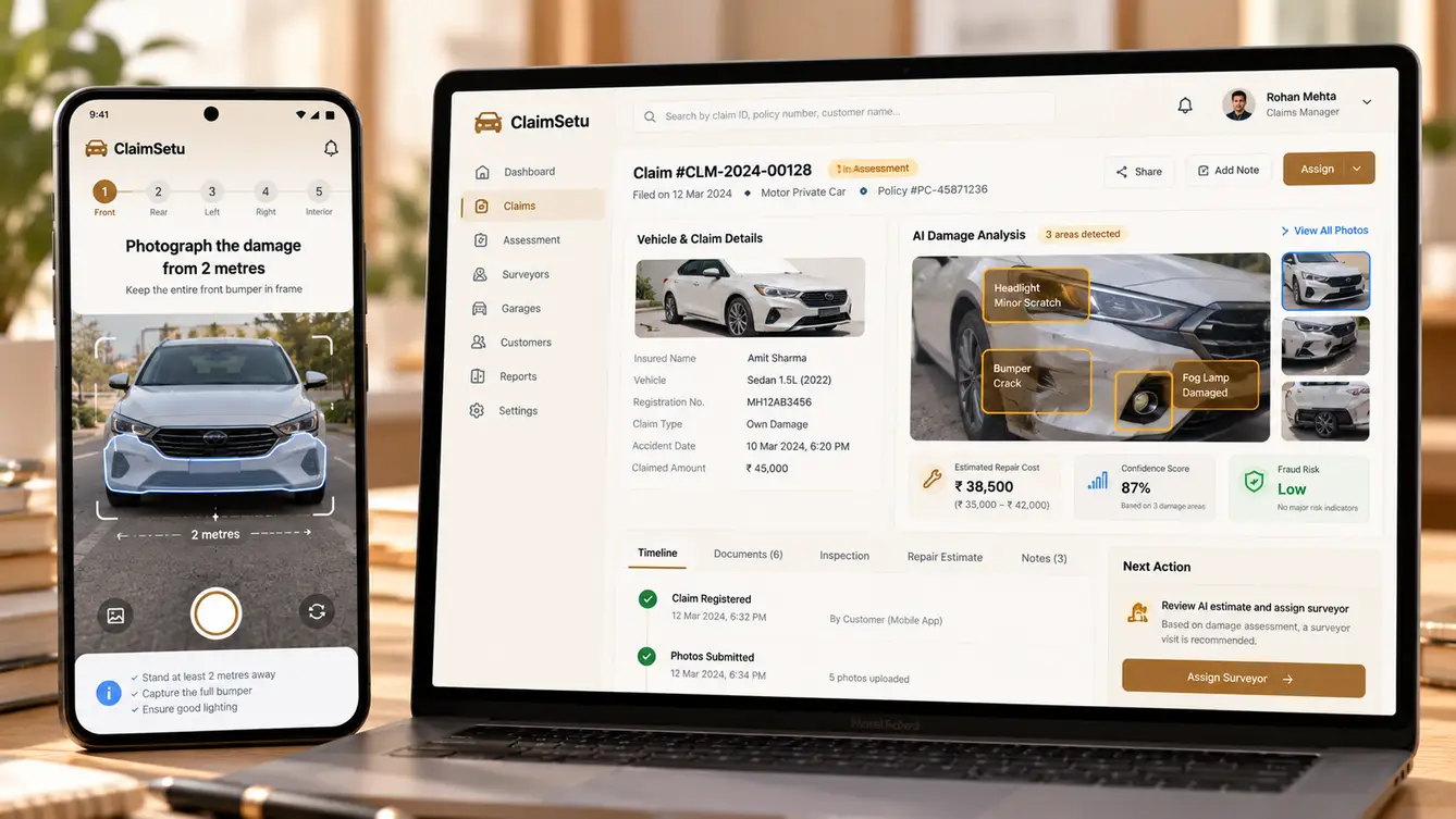 ClaimSetu claim filing app and claims desk dashboard