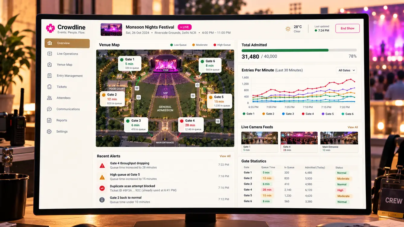 Crowdline event control dashboard with gate throughput