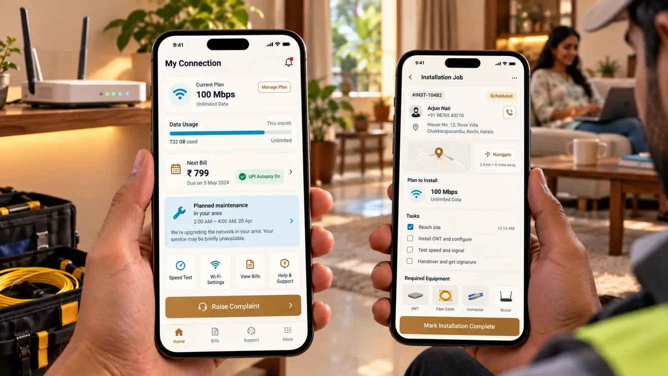 FiberDesk self-care app with plan and outage status