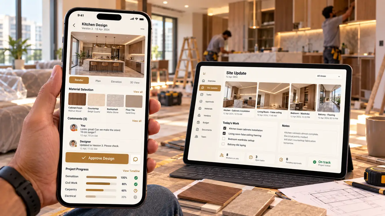 FitoutFlow client approval app with design renders