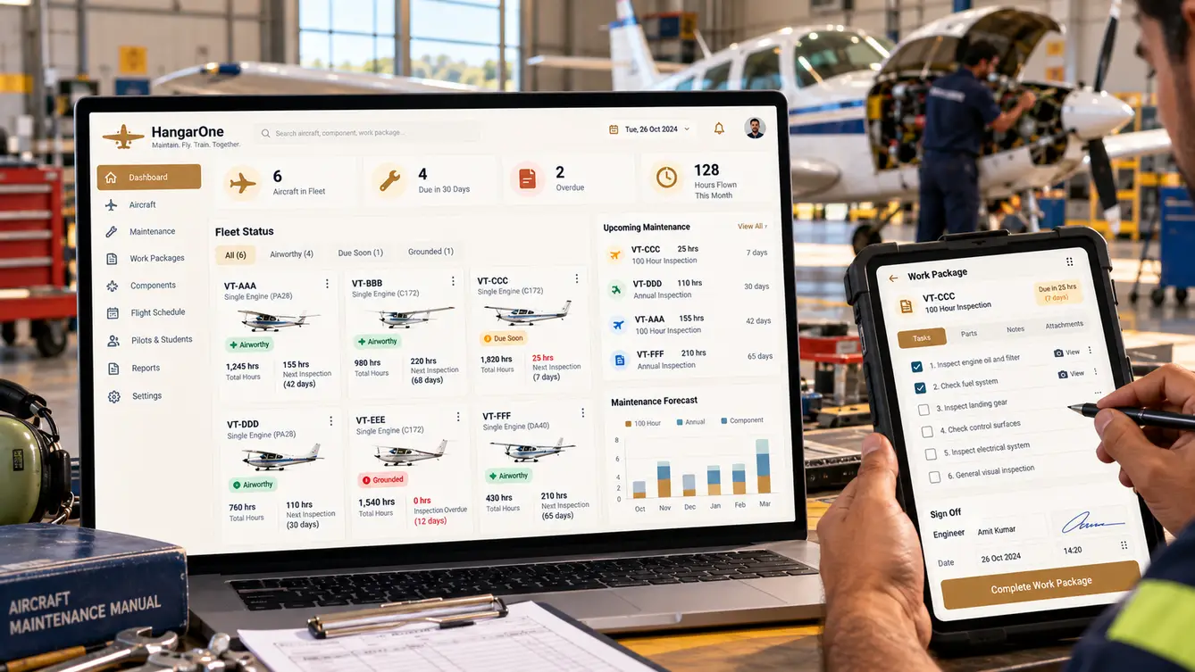 HangarOne aircraft maintenance dashboard in a hangar