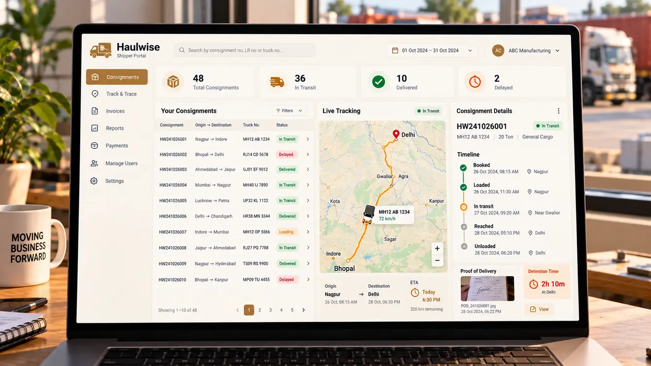 Haulwise shipper portal with live tracking and POD