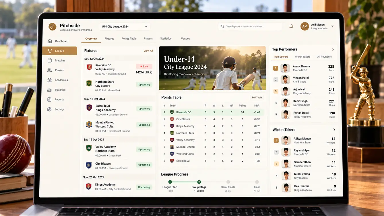 Pitchside league console with fixtures and points table