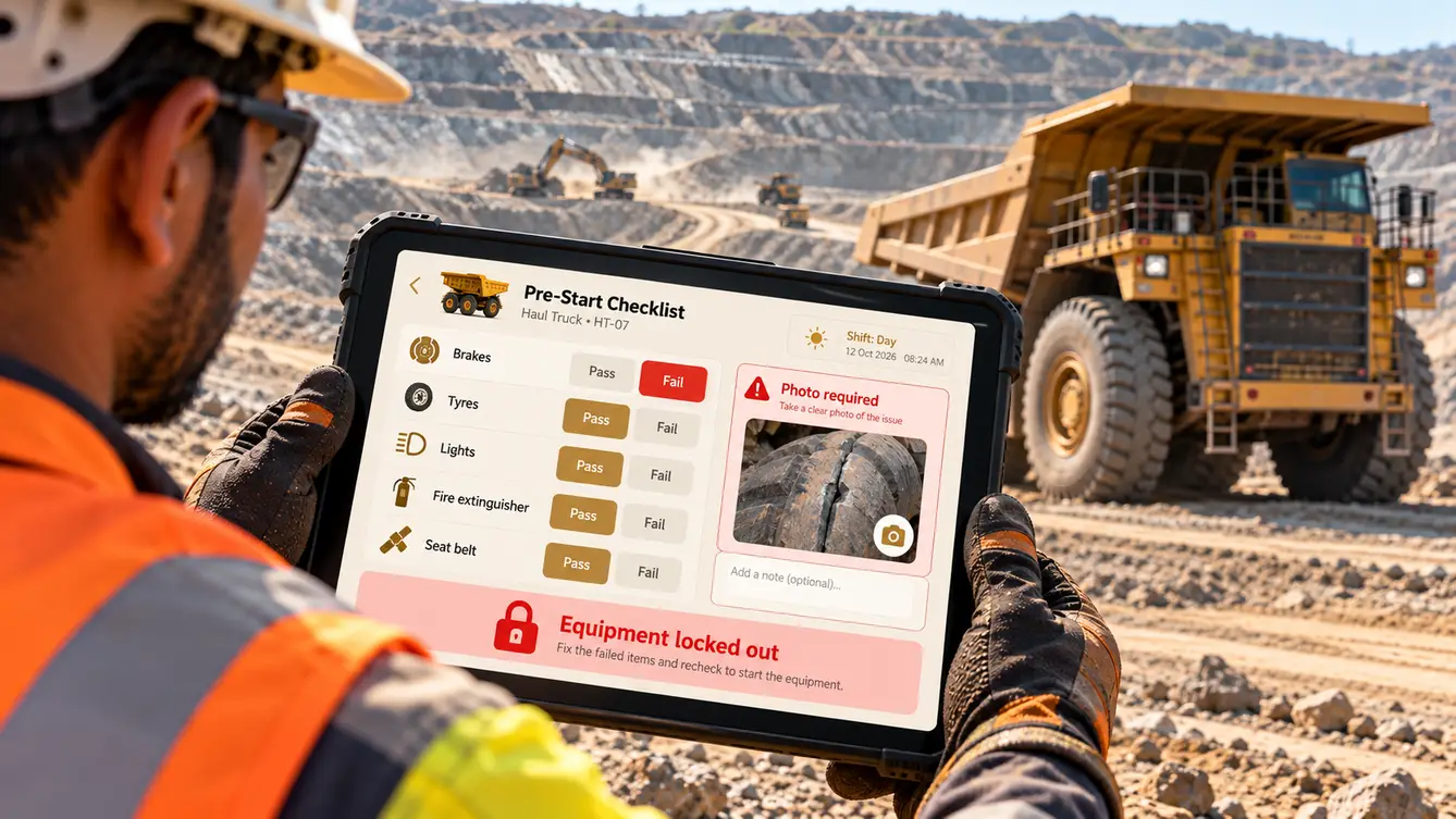 PitSafe pre-start check on a rugged tablet at a mine