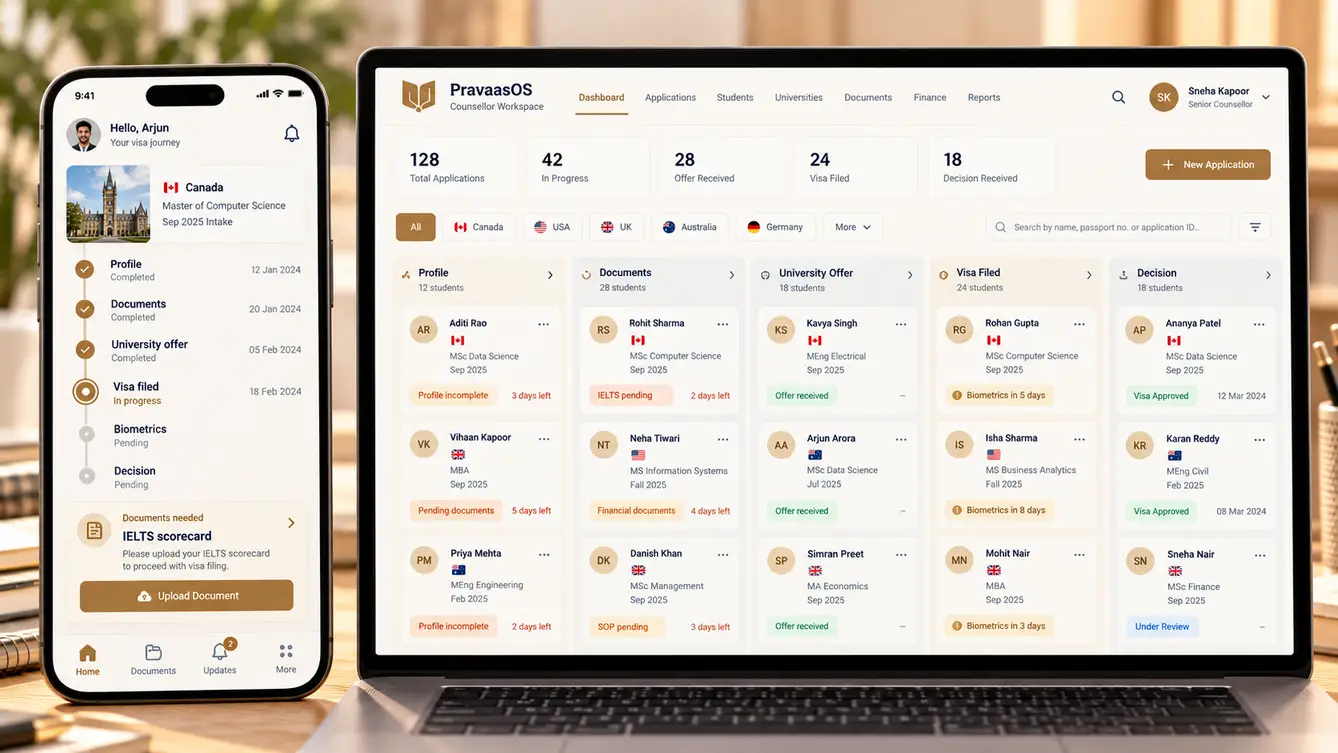 PravaasOS applicant app and counsellor case dashboard