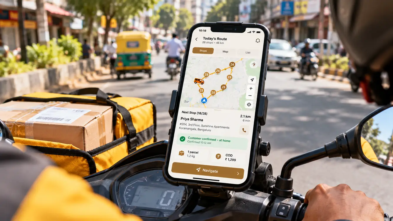 RouteBee rider app with optimised route