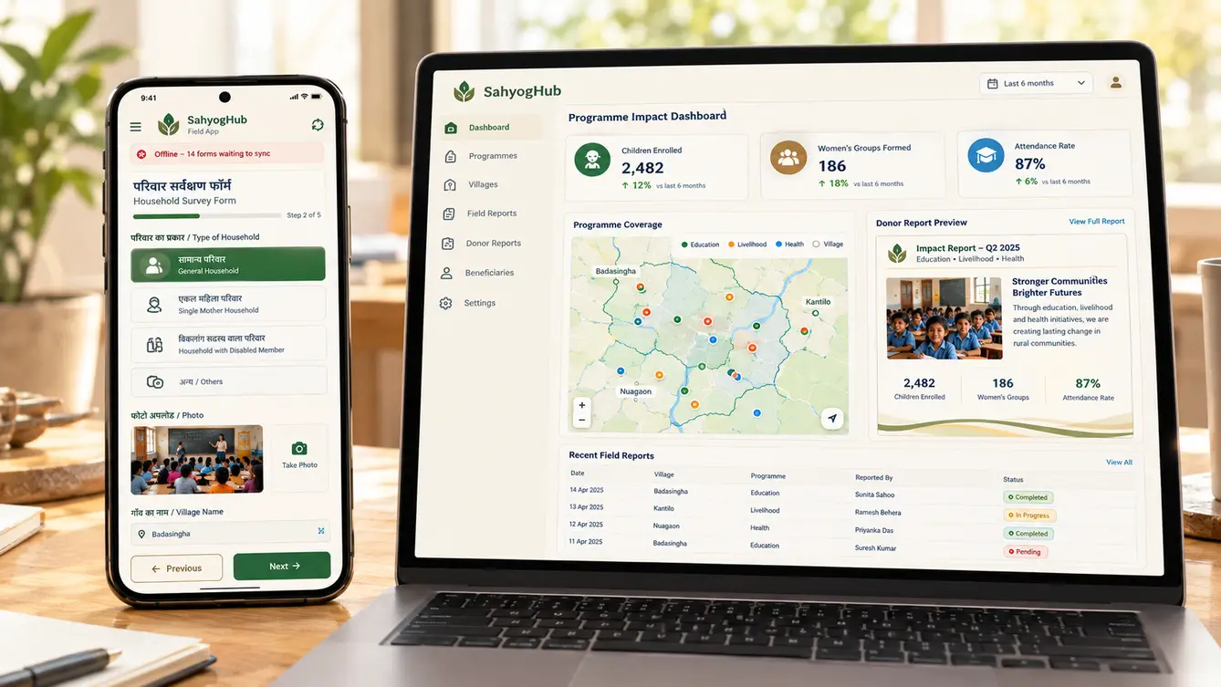 SahyogHub field app and donor impact dashboard