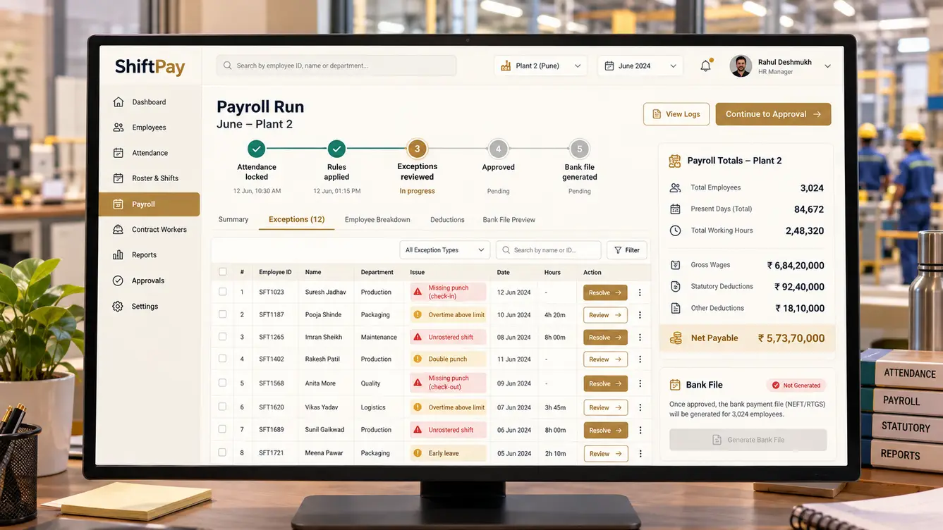 ShiftPay payroll run with exceptions