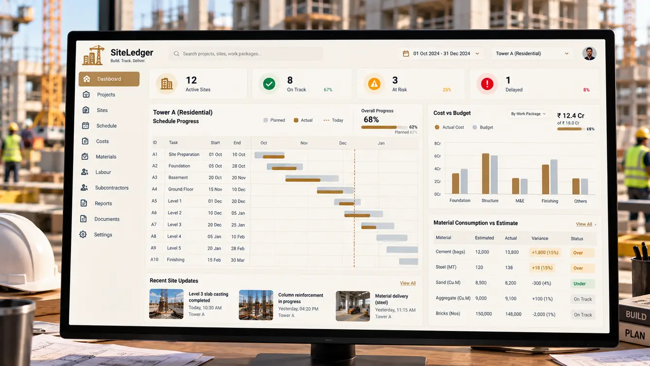SiteLedger project control dashboard