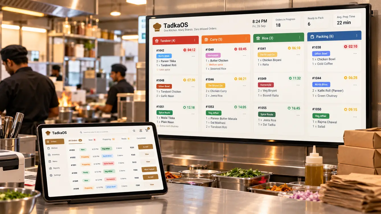 TadkaOS kitchen display screen and order hub