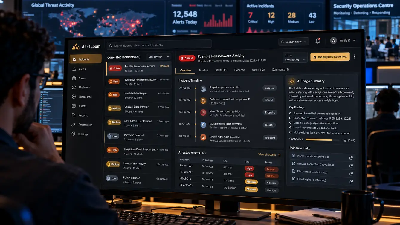 AlertLoom SOC analyst console with correlated incidents