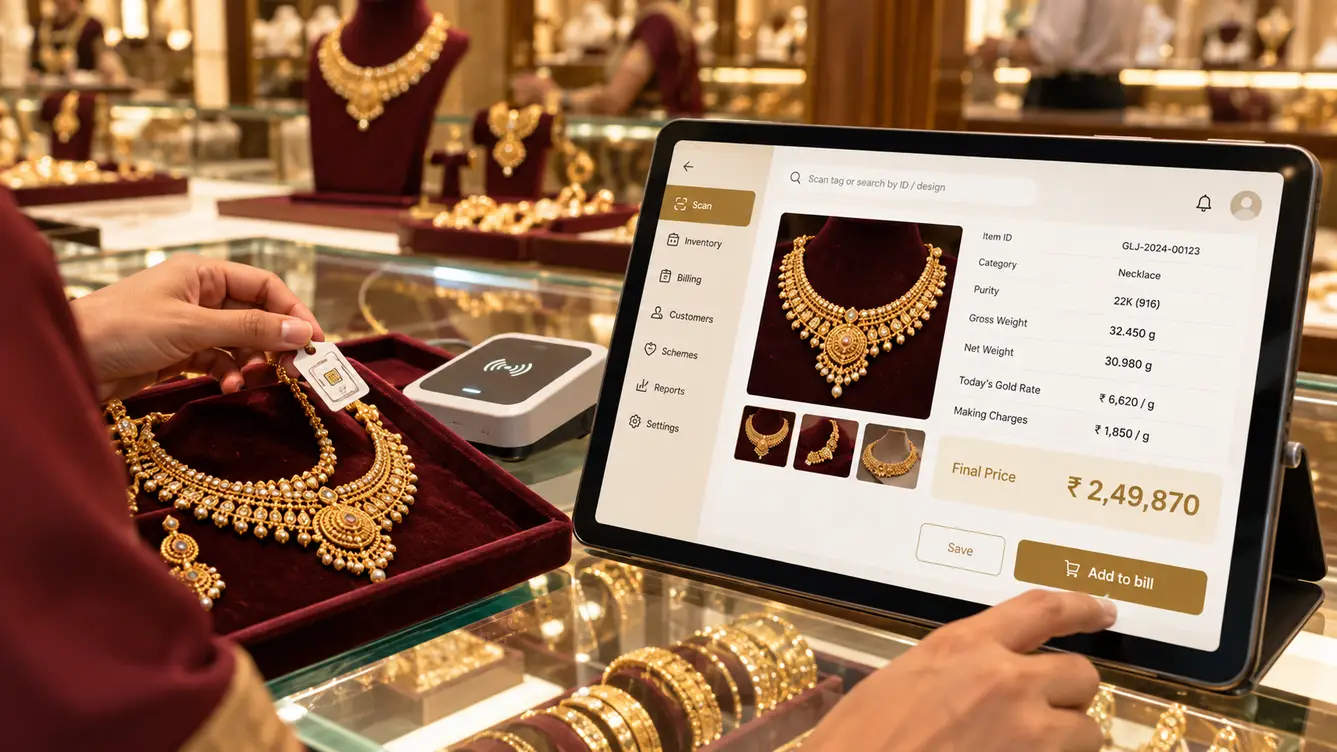 GoldLedger showroom tablet with jewellery piece details