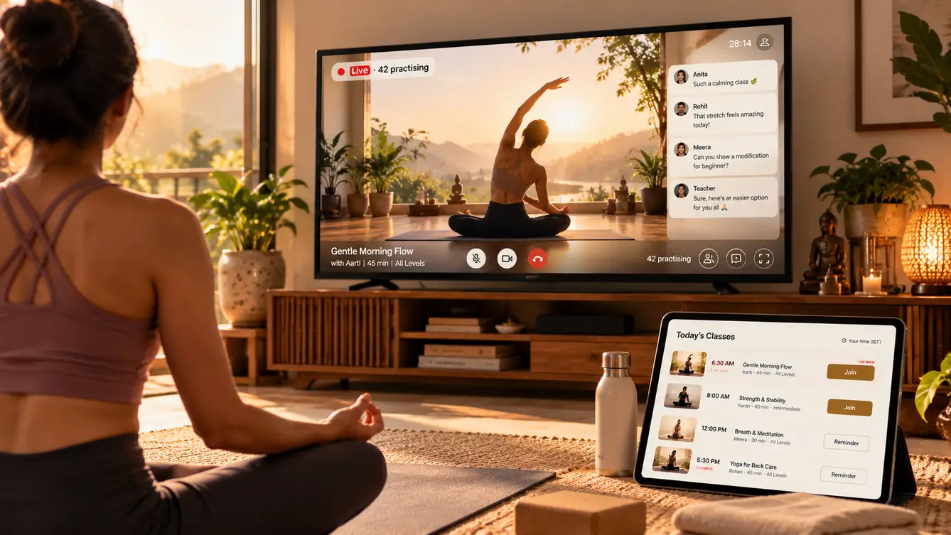 Prana Live yoga class on a tablet and TV