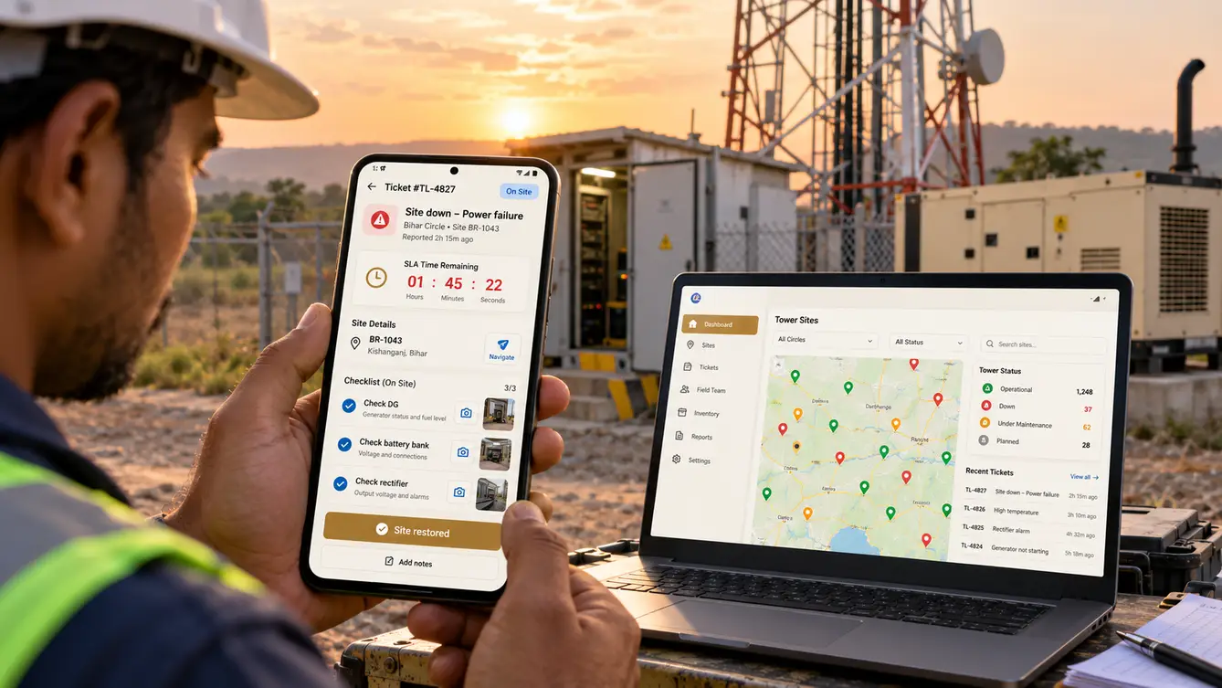 TowerLink technician app at a telecom tower site
