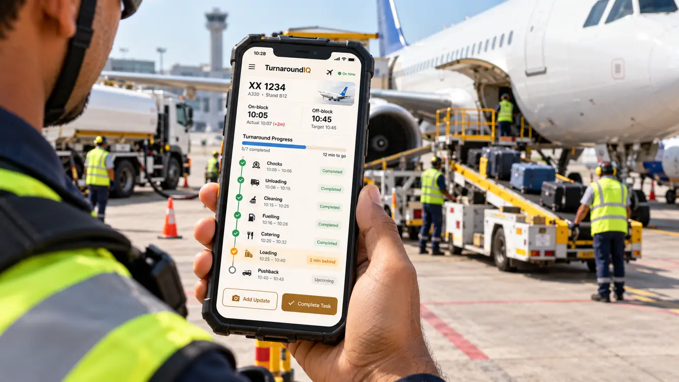 TurnaroundIQ ramp crew app beside an aircraft