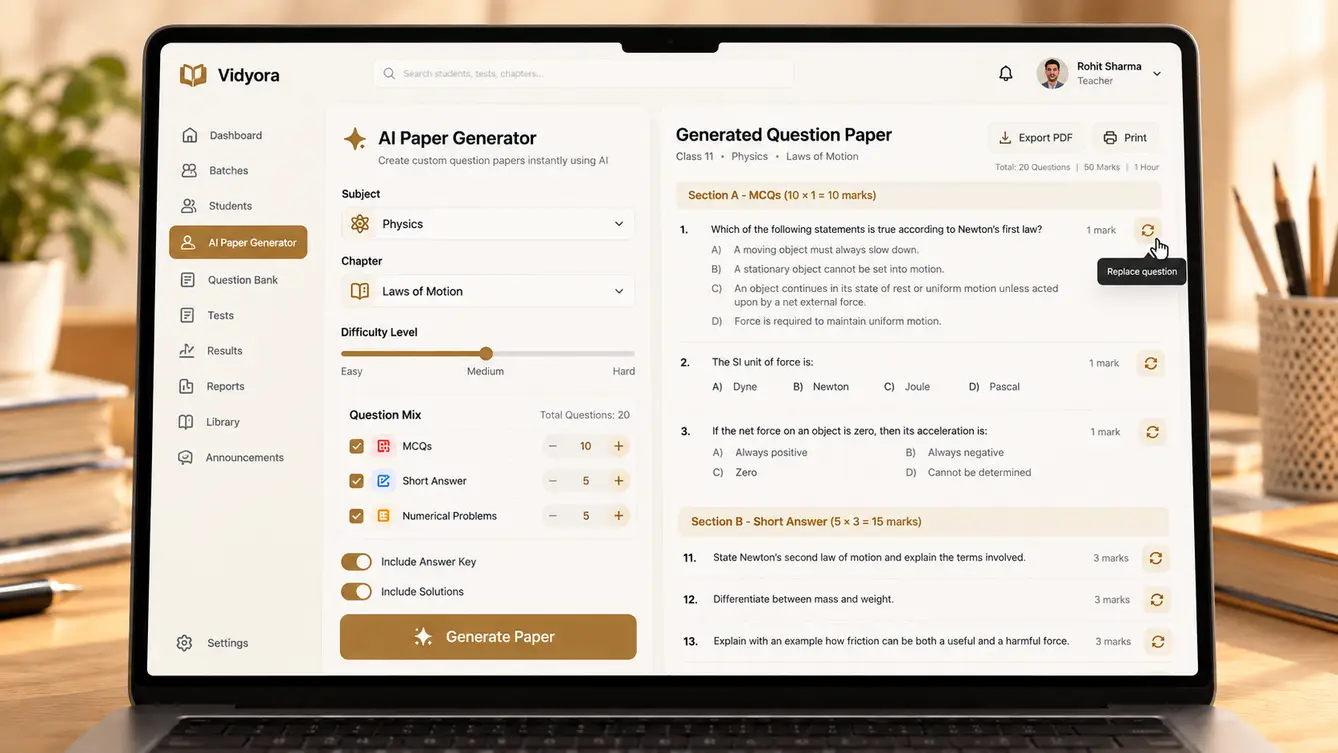 Vidyora student app and teacher dashboard shown side by side